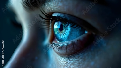 Close-up view of a human eye revealing intricate details of the iris and eyelashes in soft lighting