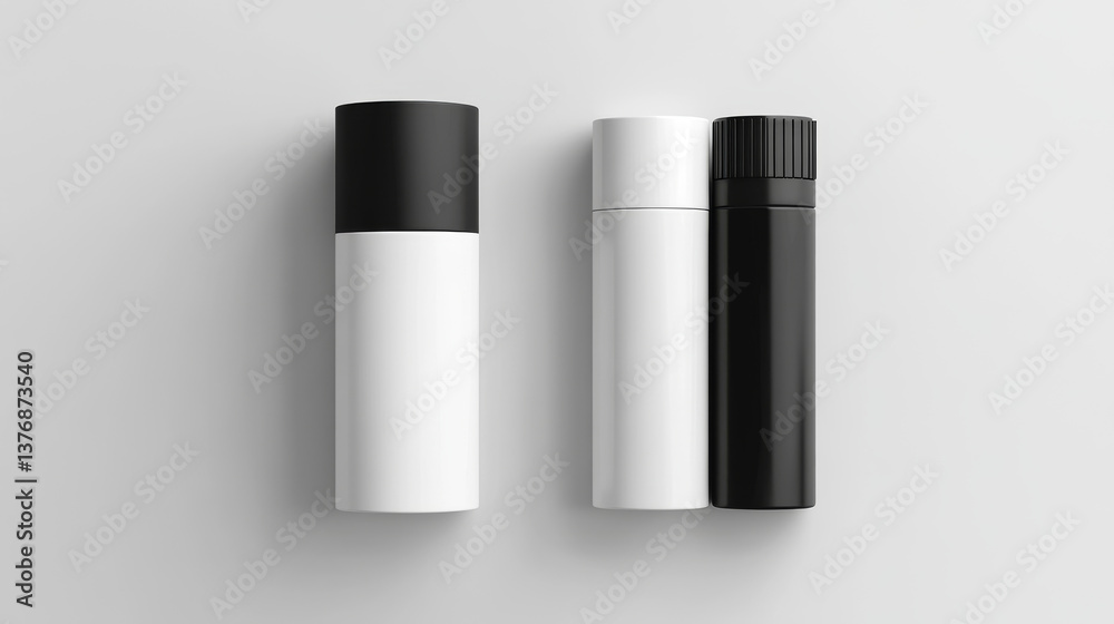Spray and deodorant stick packaging mockup. Vector realistic set of 3d blank white and black containers of dry antiperspirant and aerosol bottles with clear caps Spray and deodorant stick packaging mockup. Vector realistic set of 3d blank white and black containers of dry antiperspirant and aerosol bottles with clear caps