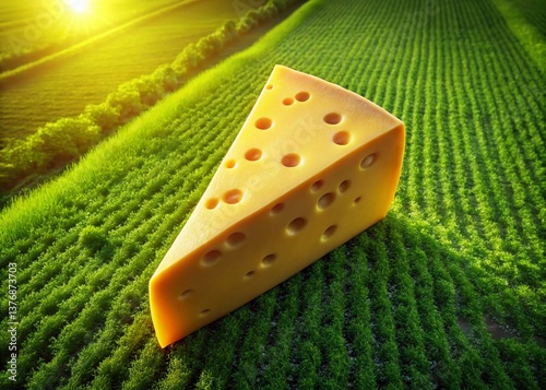 Aerial View of a Giant Cheese Wedge in a Lush Green Field - Stock Photo