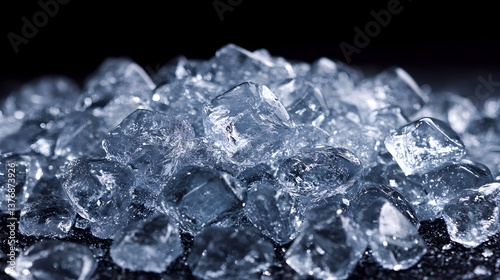 A pile of glistening ice cubes sits on a dark surface reflecting light beautifully showcasing their crystalline structure and texture.