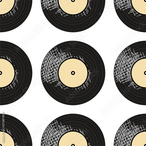 Seamless pattern print wallpaper with vinyl record discs music illustration vector retro style 60s, 70s, 80s, design art background for paper, textile, pack etc.	
