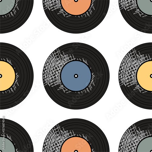 Seamless pattern print wallpaper with vinyl record discs music illustration vector retro style 60s, 70s, 80s, design art background for paper, textile, pack etc.	
