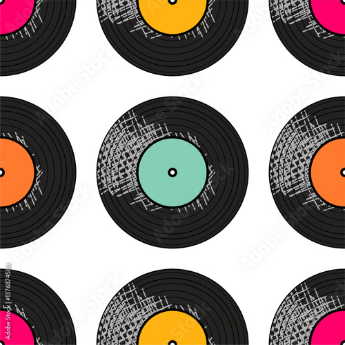 Seamless pattern print wallpaper with vinyl record discs music illustration vector retro style 60s, 70s, 80s, design art background for paper, textile, pack etc.	
