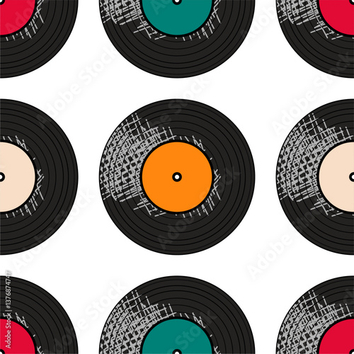 Seamless pattern print wallpaper with vinyl record discs music illustration vector retro style 60s, 70s, 80s, design art background for paper, textile, pack etc.	
