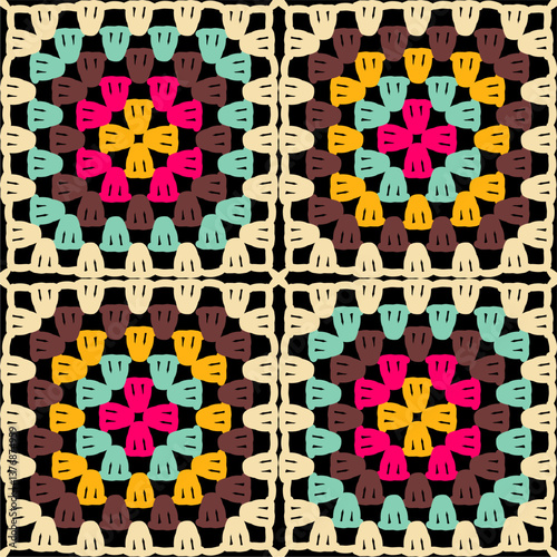 Pattern with crochet granny square wallpaper handmade decorative art design print	
