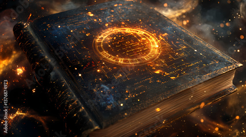 Cosmic codex a celestial script unveiled amidst stellar dust a universe of infinite knowledge revealed. Illuminated Codex. Illustration
