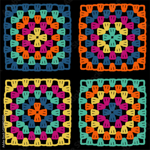 Pattern with crochet granny square wallpaper handmade decorative art design print	
