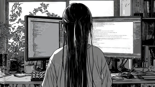 Frustrated Japanese Manga Artist Coding in Modern Office