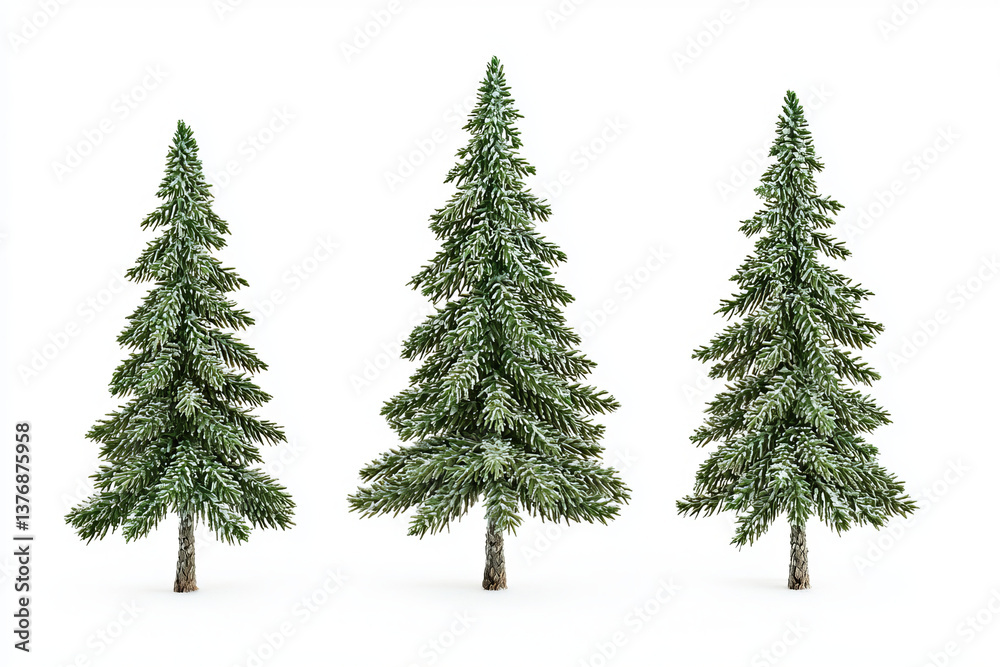 Fototapeta premium Three lush evergreen trees with snow-dusted foliage, creating a festive winter atmosphere.