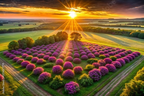 Aerial View of Purple Heart Flower Field at Sunset, Vibrant Blooms