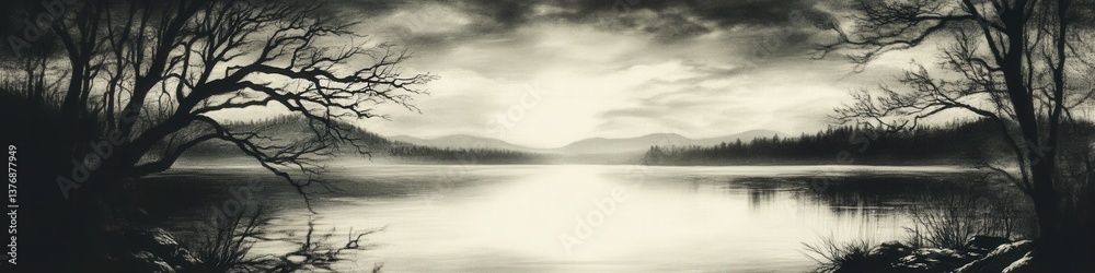 Fototapeta premium A serene black and white landscape depicting a tranquil lake at dawn, surrounded by silhouetted trees and misty mountains in the background, evoking a sense of calm and reflection