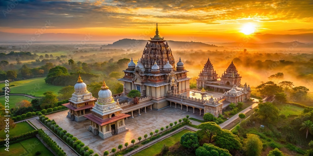 Fototapeta premium Aerial View of Temple Complex, South India, Religious Landmark, Sunrise, HD Wallpaper