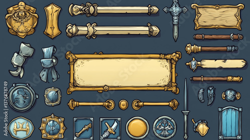 Medieval game menu frames, ui elements, buttons, plaques. Gold, silver and bronze banners with ornate rims. Empty royal gui bars for rpg or arcade, web design interface borders Cartoon 2d vector set