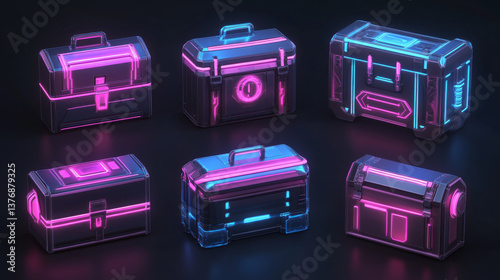 Game futuristic boxes, future technology chests. Icons of sci-fi equipment, loot boxes with electronic lock and display with neon light, vector cartoon illustration isolated on background