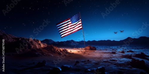 A beautiful scene of the American flag waving on a distant planet. The night sky is filled with stars and a hint of mystery. Perfect for celebrating patriotism and exploration. AI
