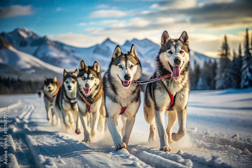 Naklejka premium Alaskan Husky Dog Sledding Winter Snow Documentary Photography