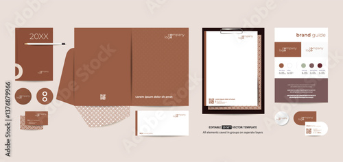 Elegant Corporate Stationery Set. Branding Kit. Stationery Mockup. Letterhead. Business Card. Corporate Folder. Editable Vector Template. Trending colour 2025. Mocha Mousse