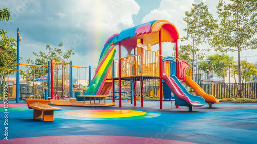 Wallpaper Mural Kid playground park with rainbow cartoon vector background. Kindergarten outside amusement environment with slide, swing, sandbox, horse and seesaw. Fantasy children playhouse garden design with tree Torontodigital.ca