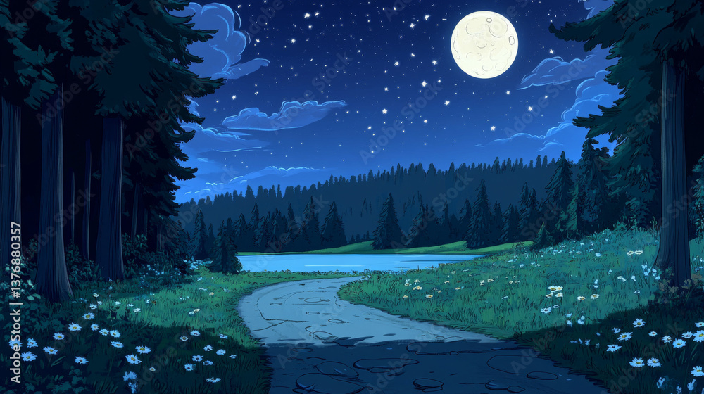 Fototapeta premium Night nature landscape with forest trees, road, lake and field under full moon shining in starry sky. Cartoon rural background, mysterious scenery view with countryside twilight, Vector illustration