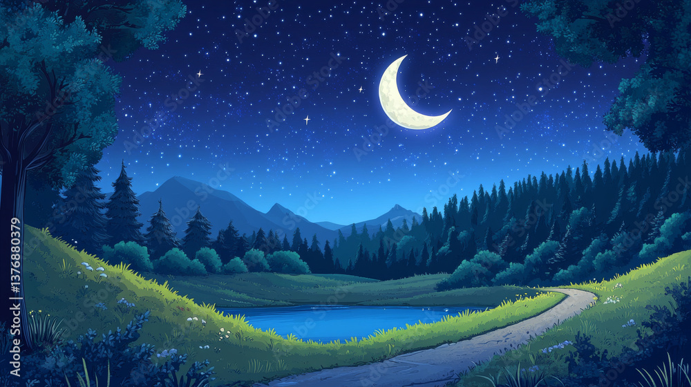 Naklejka premium Night nature landscape with forest trees, road, lake and field under full moon shining in starry sky. Cartoon rural background, mysterious scenery view with countryside twilight, Vector illustration