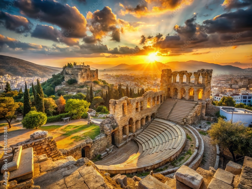 Obraz premium Ancient Greek Theatre Dionysus Athens Double Exposure Dramatic Sunrise