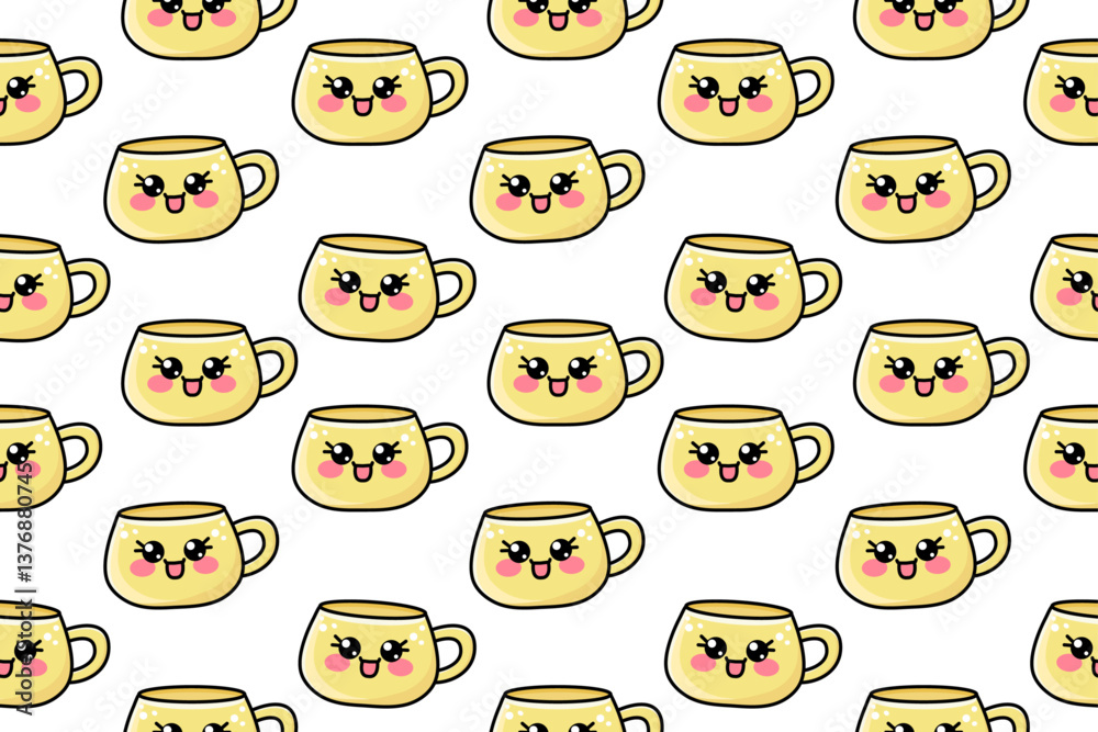 Fototapeta premium Kawaii seamless pattern with yellow cute vector cups or mugs