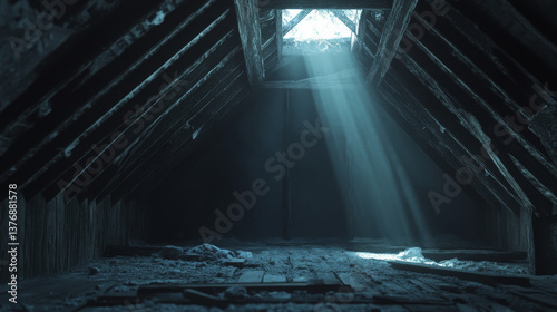 Old attic in abandoned house at night. Empty garret room interior with broken roof, walls and beams, clutter and spiderweb. Messy mansard with hatch in floor and moonlight, cartoon vector illustration