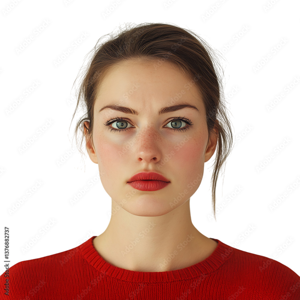 A Woman with Perplexed Expression Lips Pursed Wearing Red Sweater and Lipstick Isolated on Transparent Background A Woman with Perplexed Expression Lips Pursed Wearing Red Sweater and Lipstick Isolated on Transparent Background