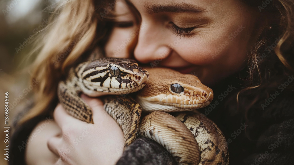 Fototapeta premium People hug pets, domestic and exotic animals.Vector flat illustration of happy women and man characters, pet owners hold cute cat, dog, rabbit, tortoise, snake and hamster