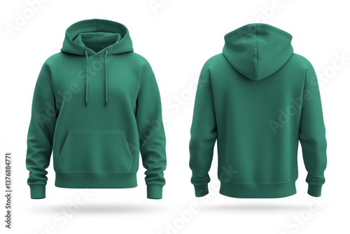 Emerald green hoodie mockup with pocket, drawstrings, two views