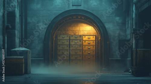 Mysterious night alleyway scene with a large arched doorway and a bank of old yellowed metal cabinets glowing warmly in the dim light A misty fog adds to the eerie atmosphere