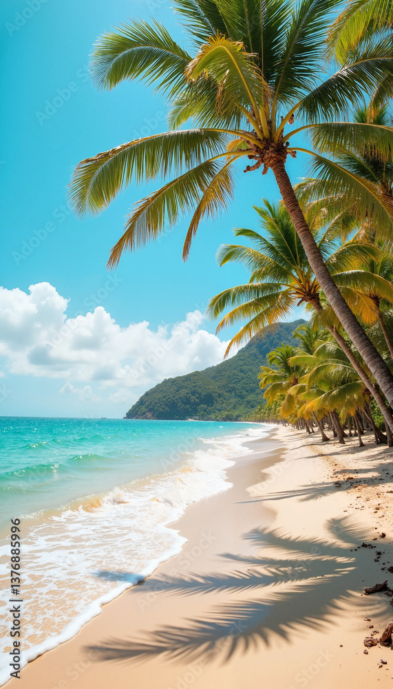 Obraz premium Tropical beach with palm trees under a bright blue sky 