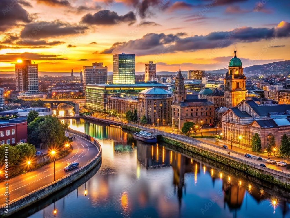 Fototapeta premium Belfast Cityscape Panorama: Stunning Aerial View of Northern Ireland's Capital