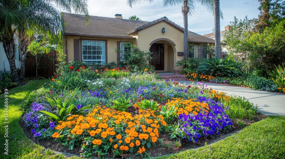 Fototapeta premium A colorful and tidy flower bed featuring petunias, pansies, and marigolds, arranged neatly beside a stylish home.