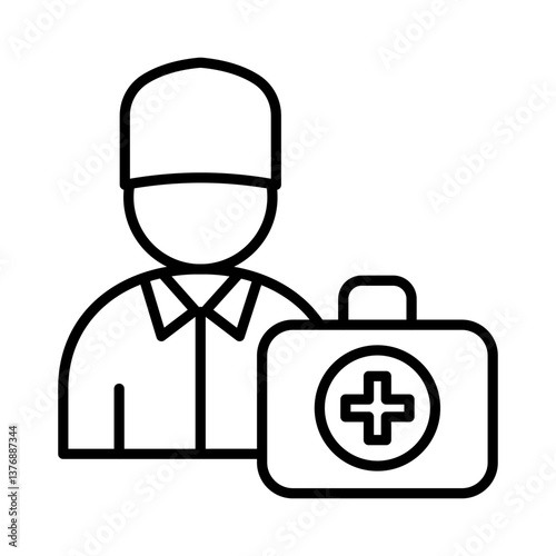 Doctor with first aid box outline icon. Physician and medical briefcase vector illustration. Contour simple medical pictogram. Medicine symbol for info graphics and websites