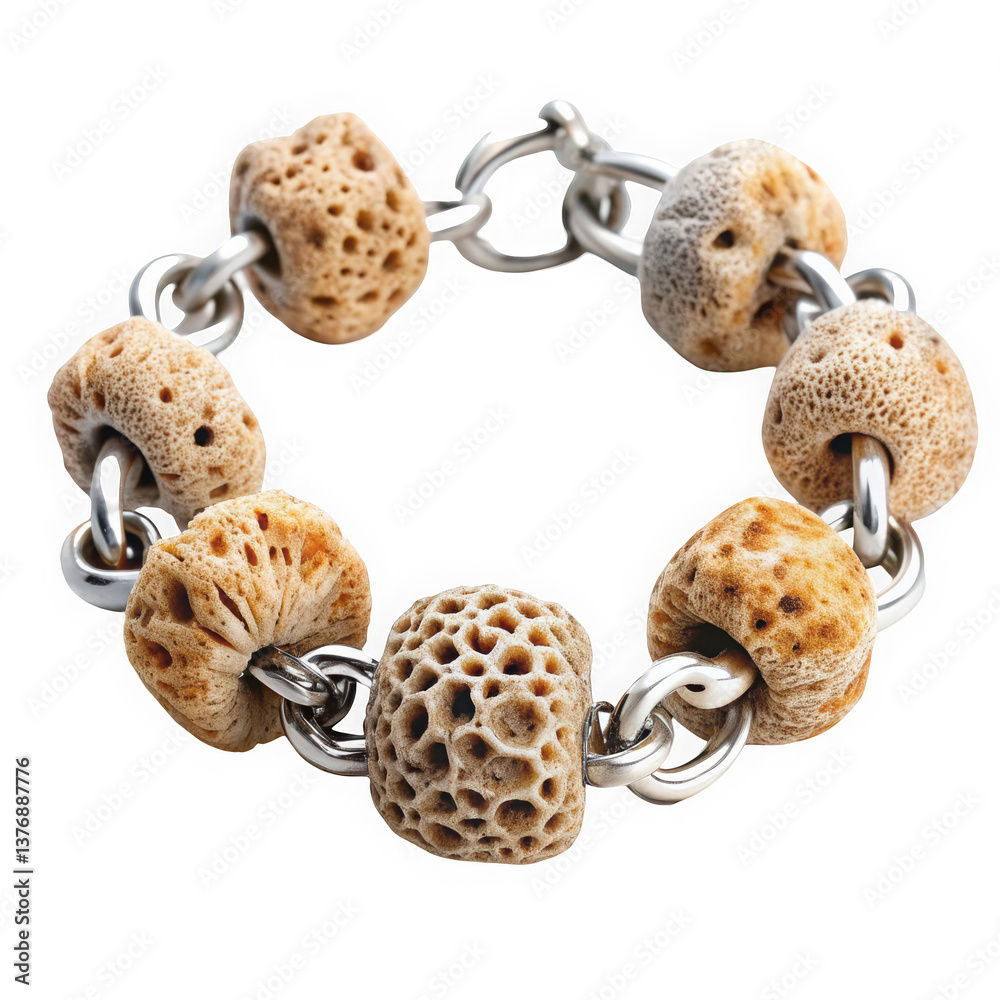Obraz premium A unique handmade bracelet featuring porous natural stones and silver links, showcasing an earthy aesthetic perfect for nature lovers.