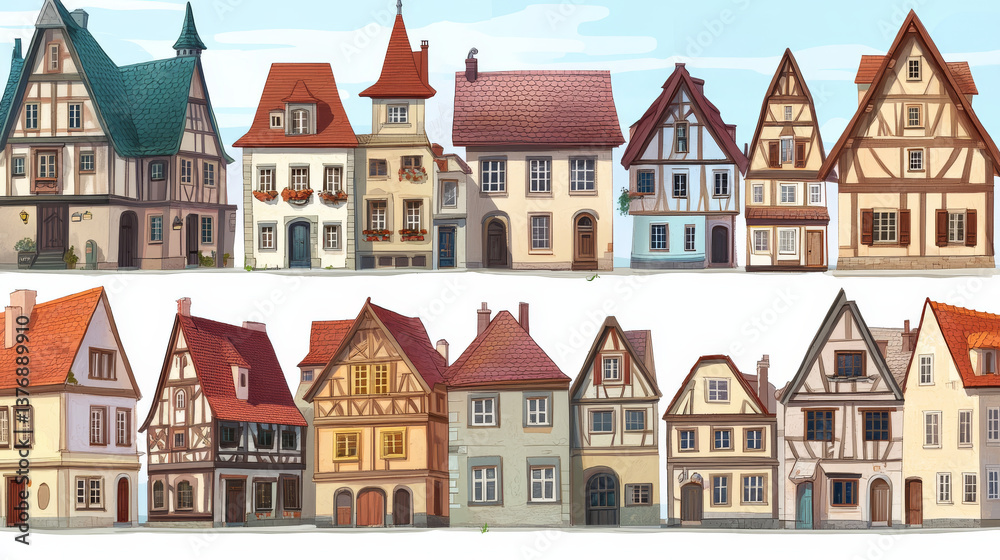 Fototapeta premium Old medieval germany town building vector set. European german city street house cartoon clipart collection. Bavaria landmark isometric exterior cityscape. Isolated timber victorian mansion png