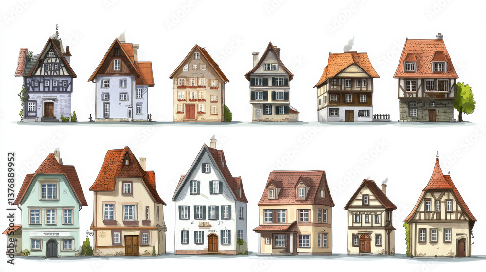 Fototapeta premium Old medieval germany town building vector set. European german city street house cartoon clipart collection. Bavaria landmark isometric exterior cityscape. Isolated timber victorian mansion png