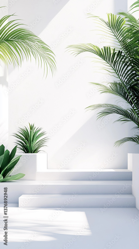 Fototapeta premium A white wall with a row of potted plants in front of it