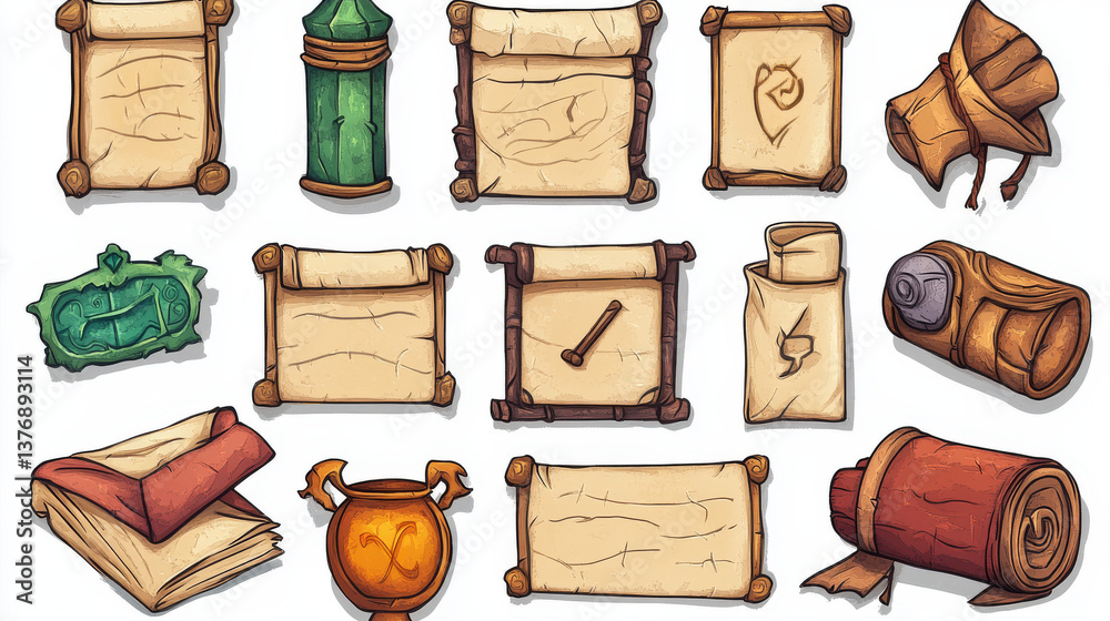 Naklejka premium Magic scroll parchment ui game icon cartoon vector icon. Fantasy ancient papyrus for old treasure or message letter. Medieval wizard spell roll isolated object set. Witchcraft vintage scripture design