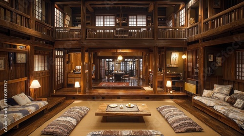 Spacious, multi-level wooden house interior.  Low seating, tatami mats, and a central table are featured photo