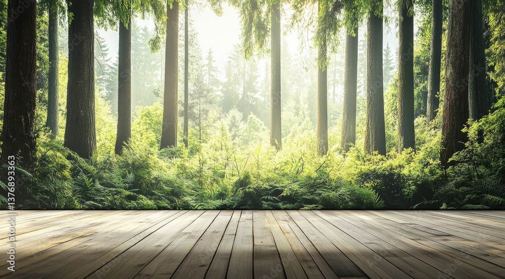 Tranquil forest floor bathed in morning light. Lush greenery and towering trees create a serene atmosphere. Wooden platform foreground Tranquil forest floor bathed in morning light. Lush greenery and towering trees create a serene atmosphere. Wooden platform foreground