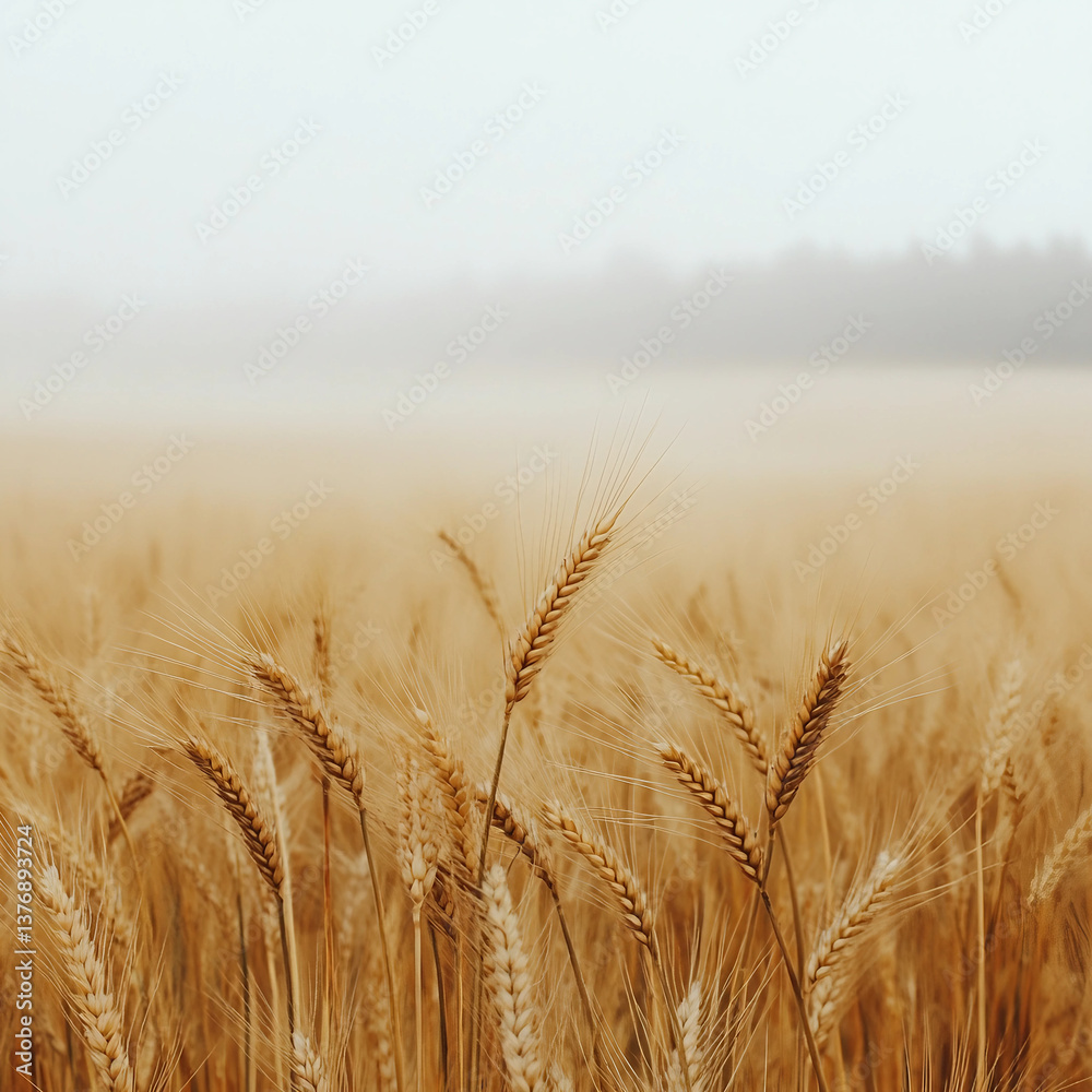 Fototapeta premium A field of golden wheat with a foggy sky in the background
