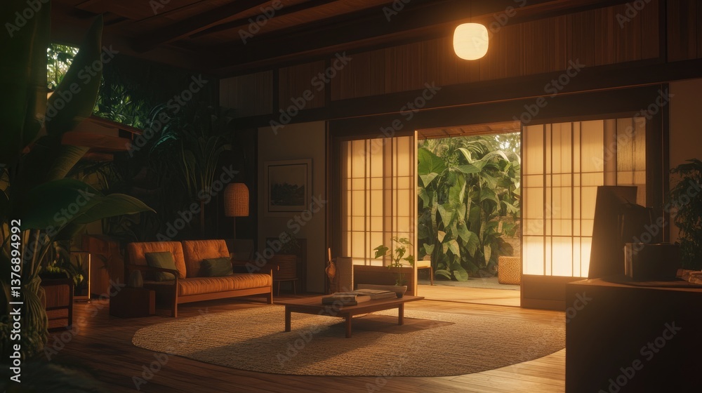 Fototapeta premium A Japanese-inspired modern living room with wooden accents, soft lighting, and Zen aesthetics.