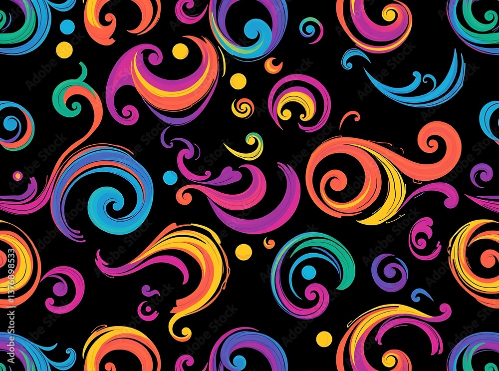 Vibrant and colorful abstract seamless pattern with swirls on a black background, ideal for creative projects like interior design and wall art.
Vibrant and colorful abstract seamless pattern with swirls on a black background, ideal for creative projects like interior design and wall art.