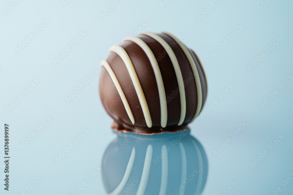A delicious chocolate truffle with white stripes on a reflective surface A delicious chocolate truffle with white stripes on a reflective surface