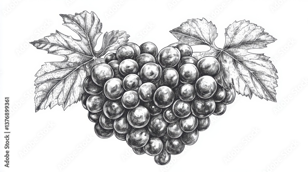 Fototapeta premium Heart-shaped bunch of grapes with leaves, detailed pencil sketch.