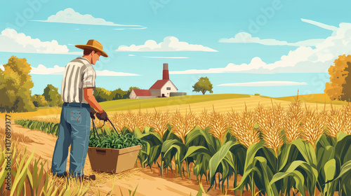 Man farmer work on corn field, countryman with pruner and wooden box collecting crop. Harvesting, farming concept with villager on summer maize meadow landscape background, Cartoon vector illustration