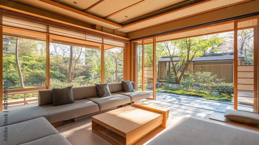 A cozy and minimalist seating area with a Japanese-style L-shaped sofa and a wooden coffee table