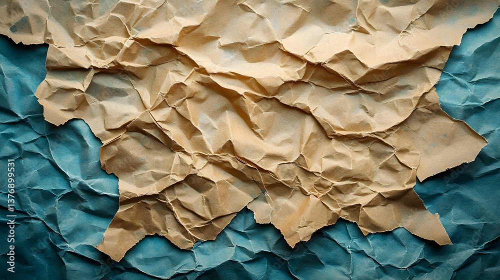 Fototapeta premium A textured background of crumpled beige and teal paper creates a dramatic and visually interesting design element perfect for various projects.